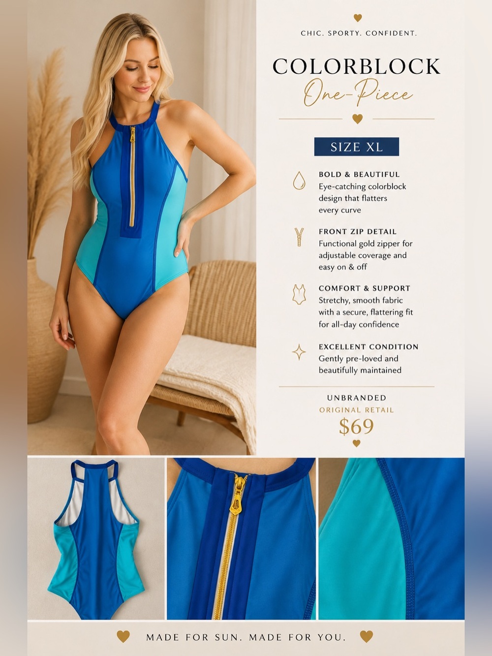 Unbranded Blue & Teal Colorblock High-Neck One-Piece Swimsuit with Front Zip